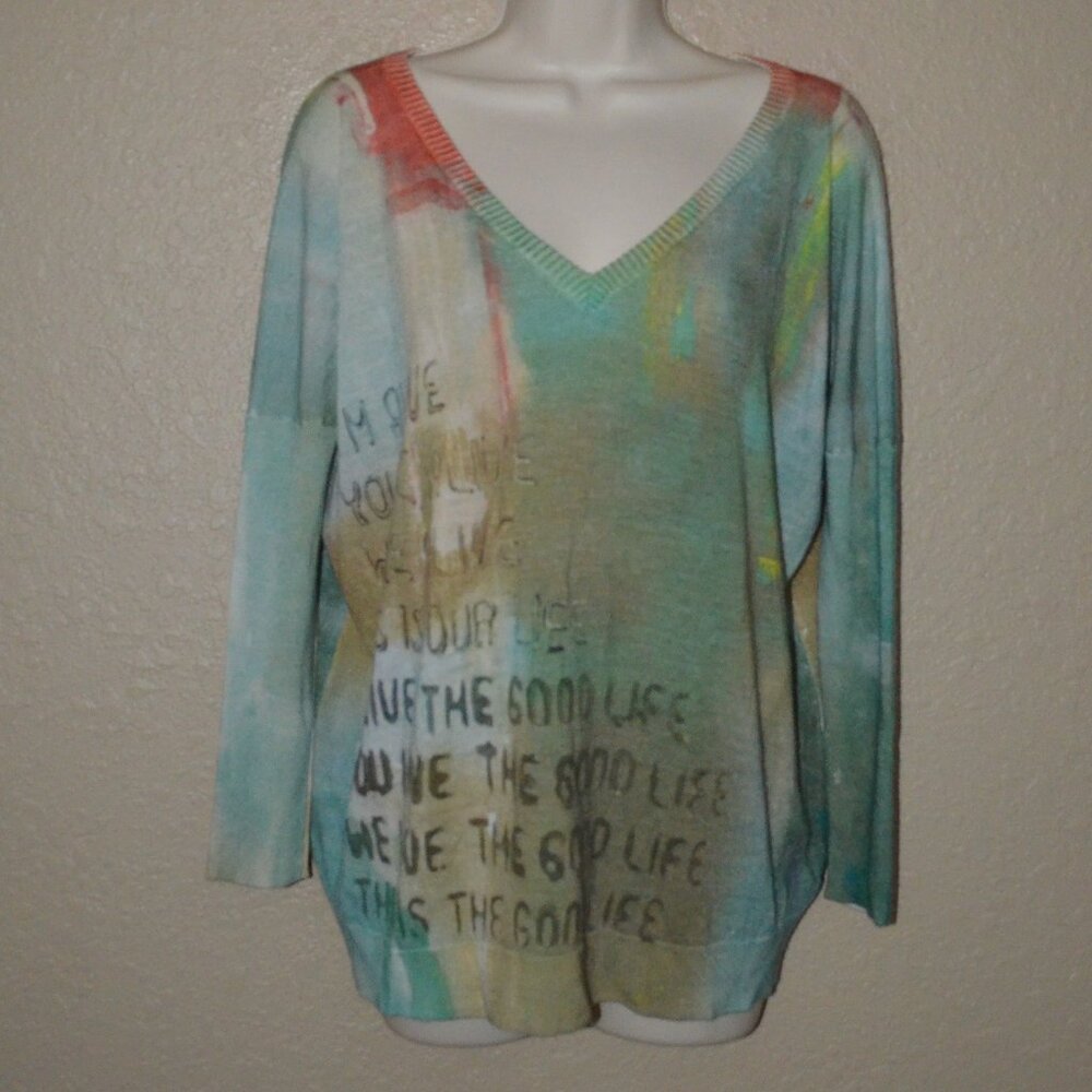 Sz S/M Printed Artworks Graphic I'm Alive V-Neck Cashmere Blend Sweater